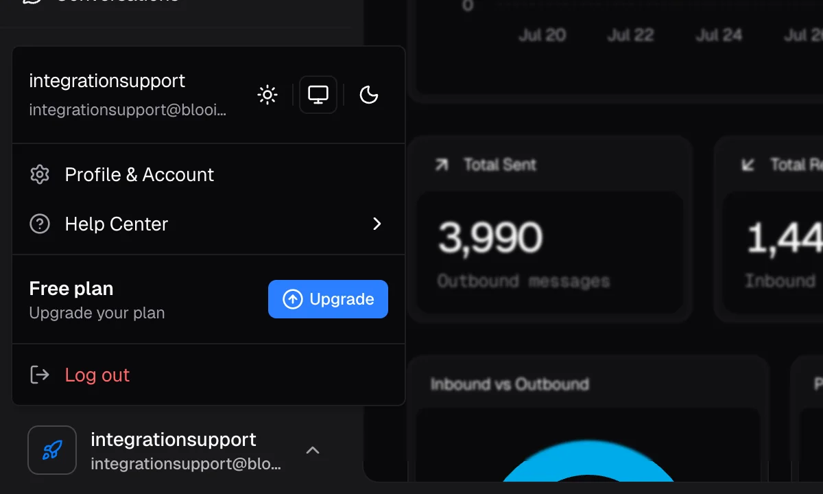 Blooio dashboard account menu opened from the bottom-left corner, showing Profile & Account, Help Center, and Log out