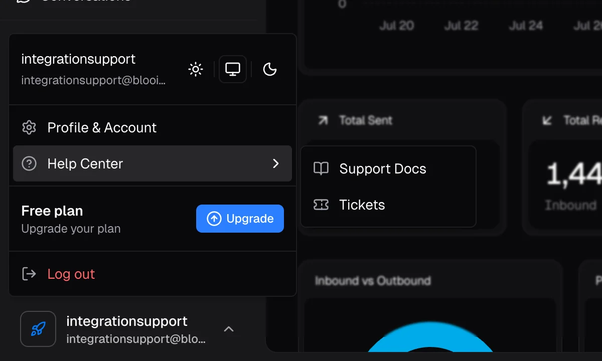The Help Center submenu expanded in the Blooio account menu, showing Support Docs and Tickets