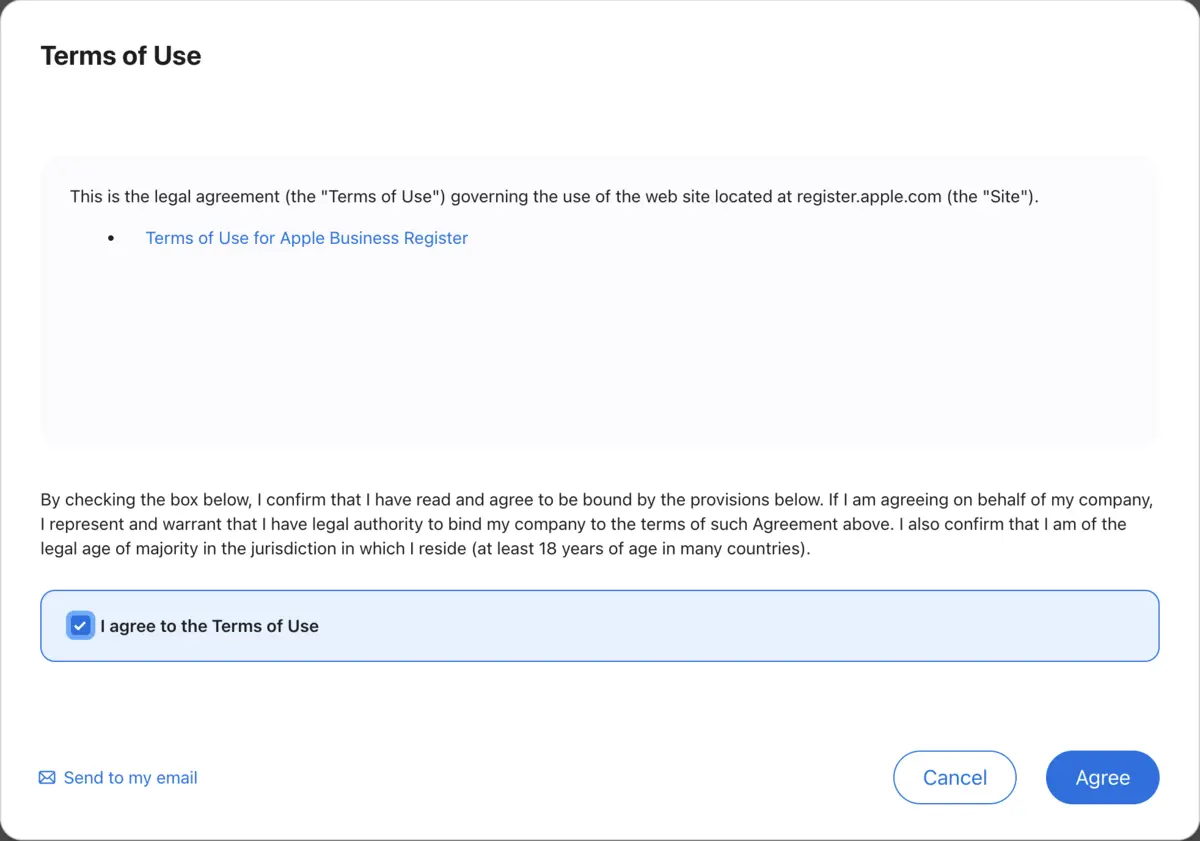 Apple Business Register Terms of Use with the agreement box checked and Agree enabled