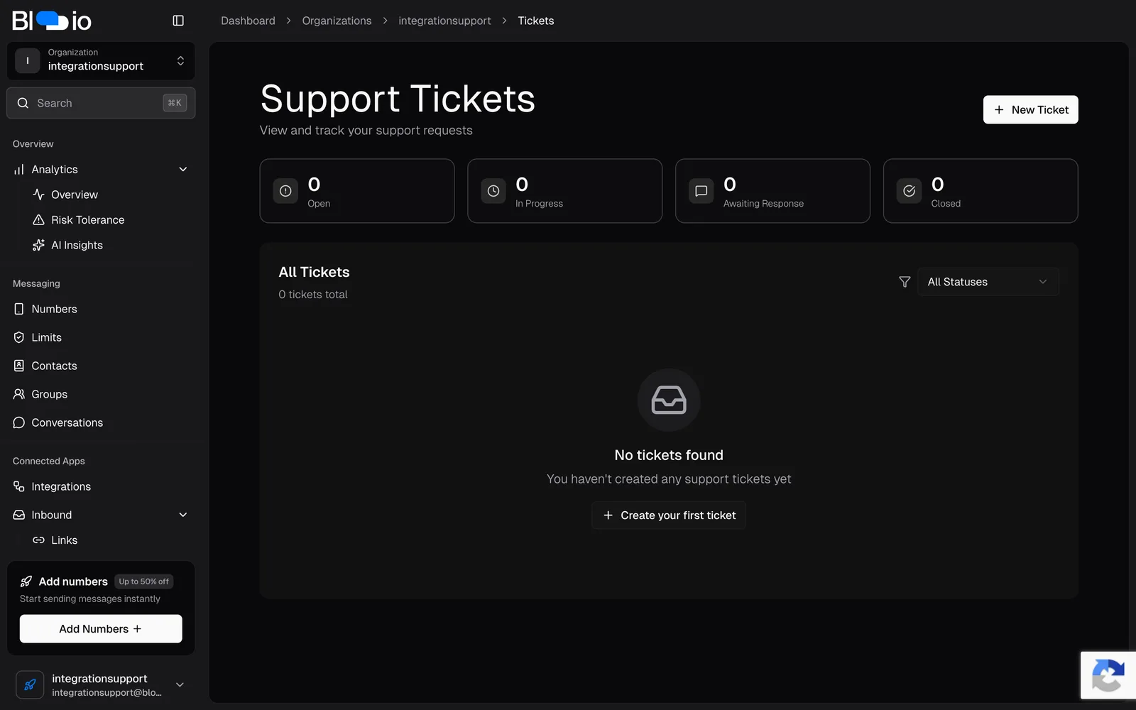 The Blooio Support Tickets page with the New Ticket button in the top-right corner