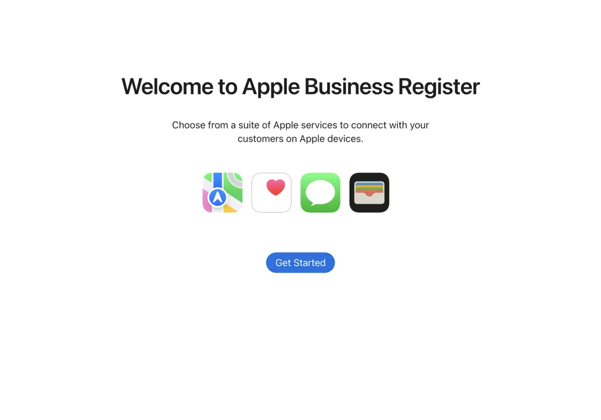 Welcome to Apple Business Register with a Get Started button
