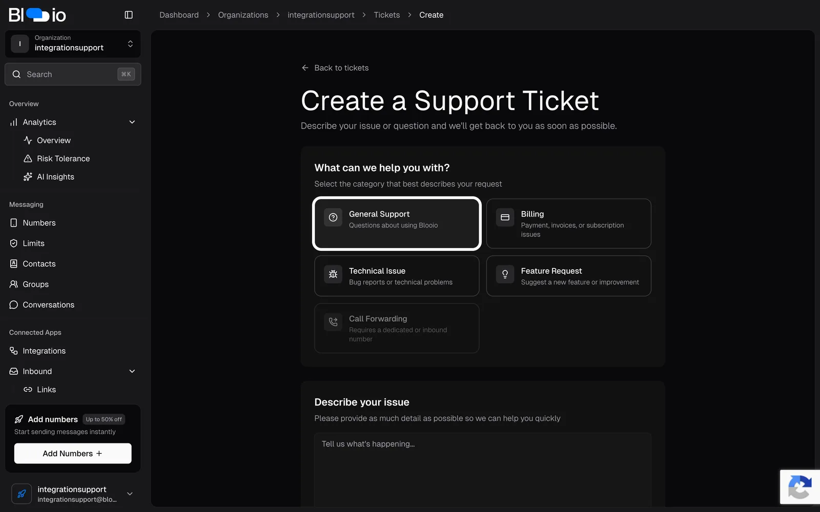 The Create a Support Ticket form showing category options: General Support, Billing, Technical Issue, Feature Request, and Call Forwarding