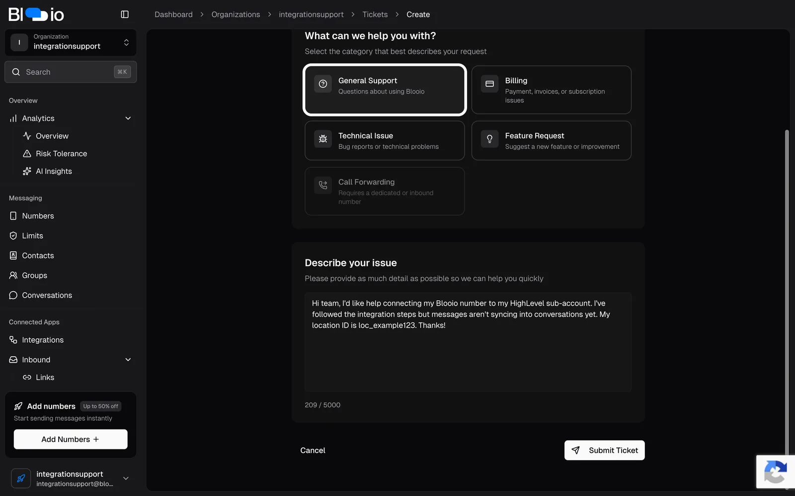 A completed support ticket with a category selected, a description filled in, and the Submit Ticket button enabled
