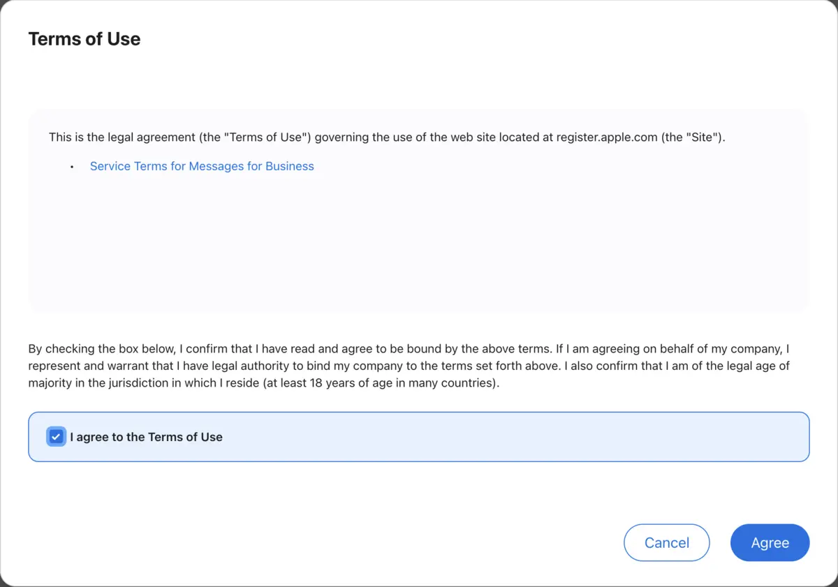 Service Terms for Messages for Business with the agreement box checked