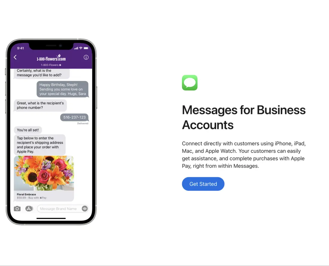 Messages for Business Accounts introduction with a Get Started button