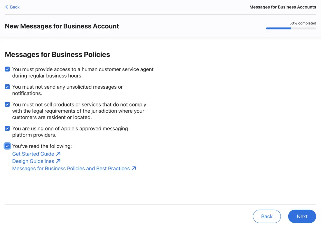 Messages for Business Policies with every checkbox selected and Next enabled