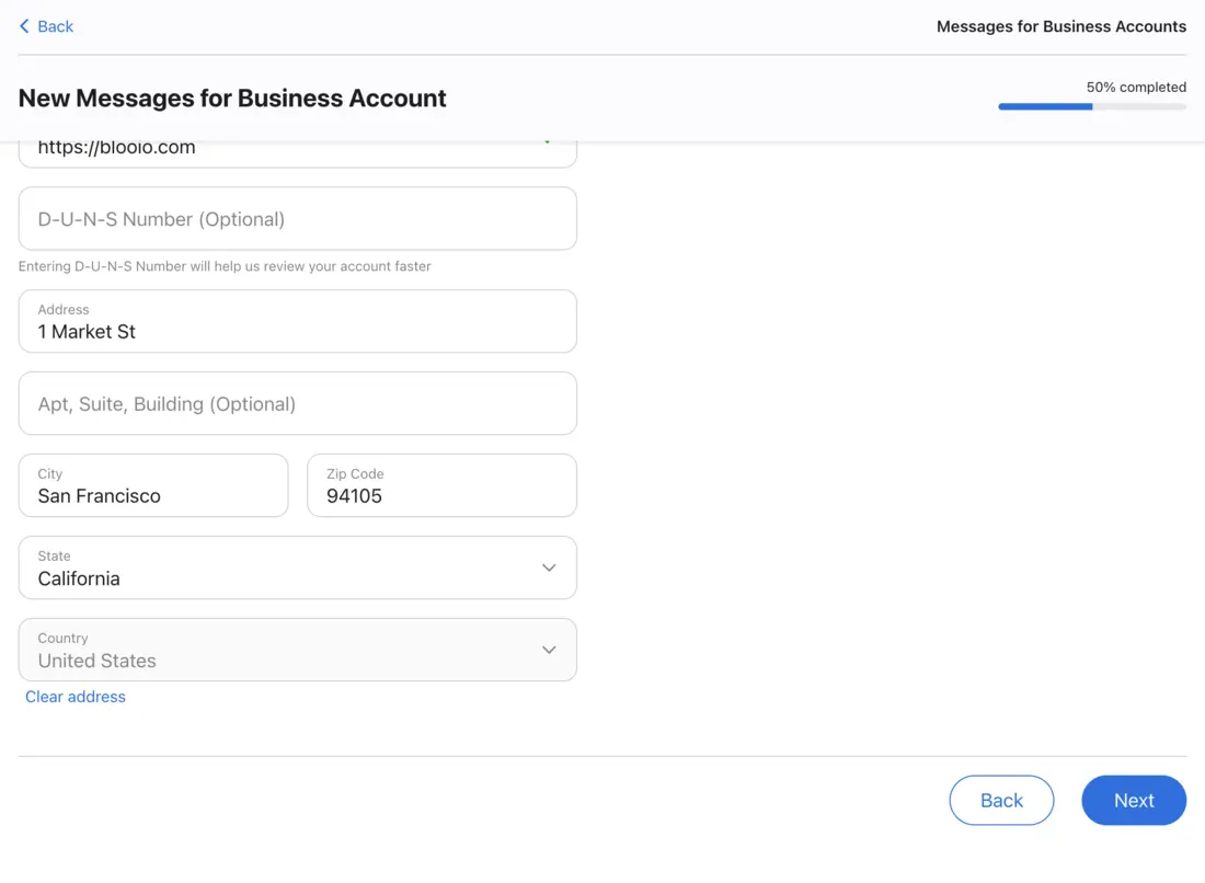 Account applicant address fields filled with a selected street address