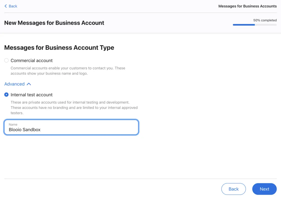 Internal test account selected and named Blooio Sandbox