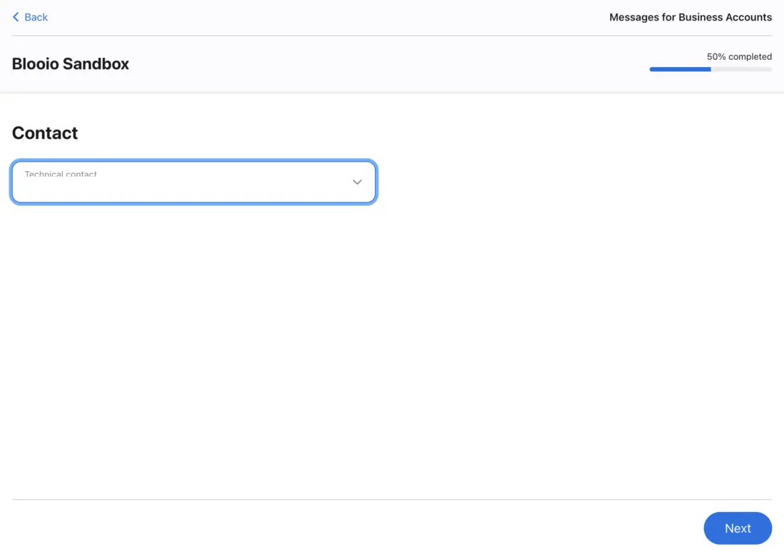 Technical contact dropdown on a new Messages for Business account