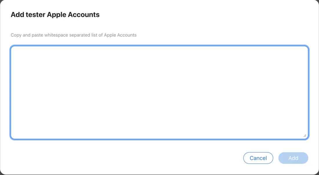 Add tester Apple Accounts dialog with an empty text box