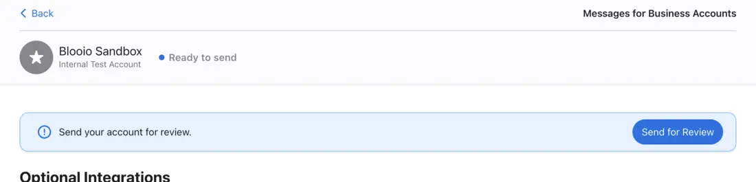 Blooio Sandbox account marked Ready to send, with Send for Review