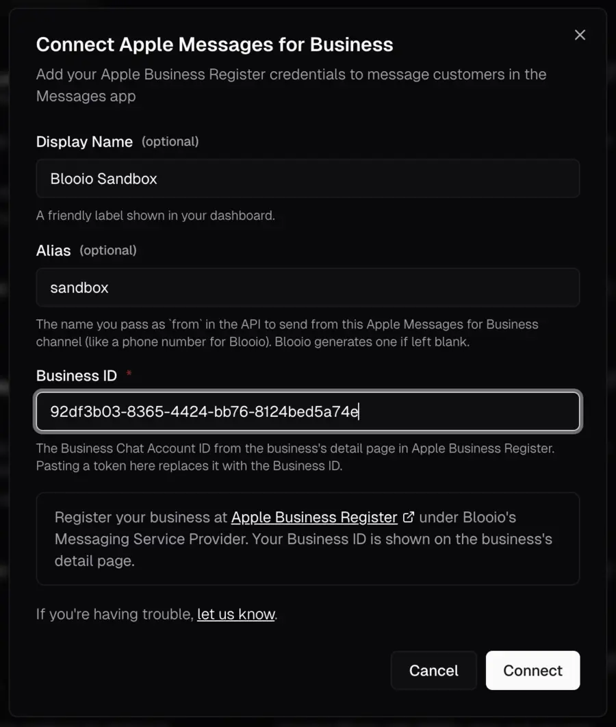 Connect Apple Messages for Business dialog with a display name, alias, and Business ID