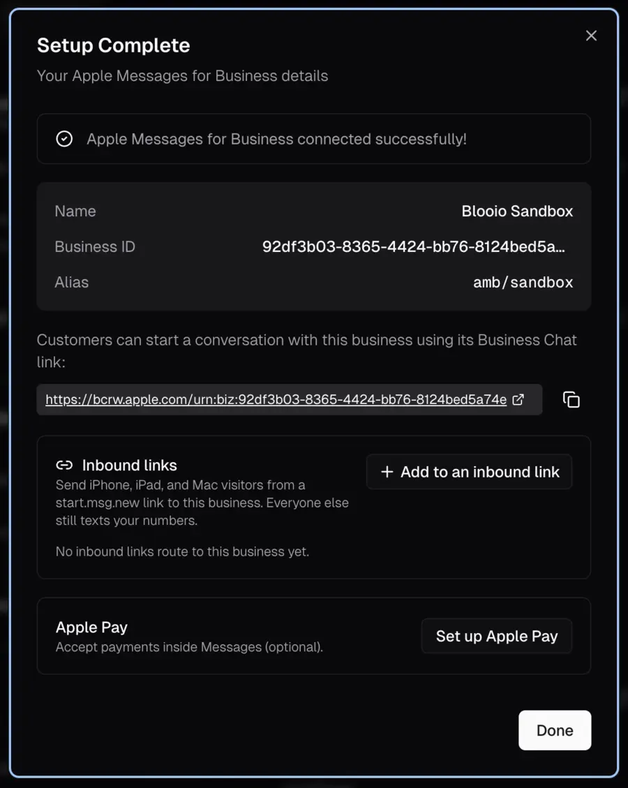 Setup complete dialog showing the connected Apple Messages for Business account