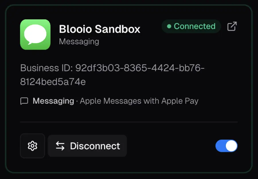 Connected Blooio Sandbox card on the Integrations page
