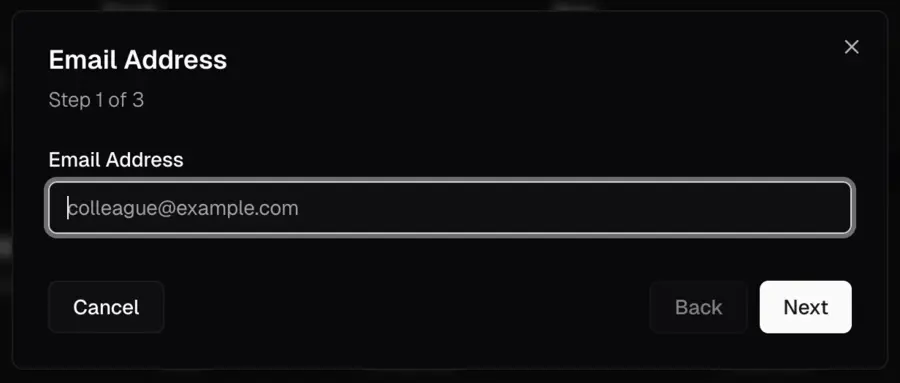 Invite team member dialog asking for an email address