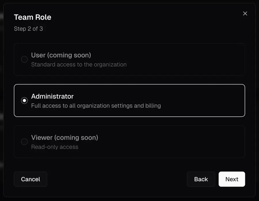 Team role step with Administrator selected